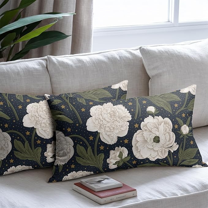 Vitage Floral Lumbar Pillow Covers 12x20 Set of 2 Navy Blue Chinoiserie Pattern Rustic Spring Flower Decorative Outdoor Farmhouse Pillowcases Decorations Throw Cushion Cover Decor for Couch Sofa Bed
