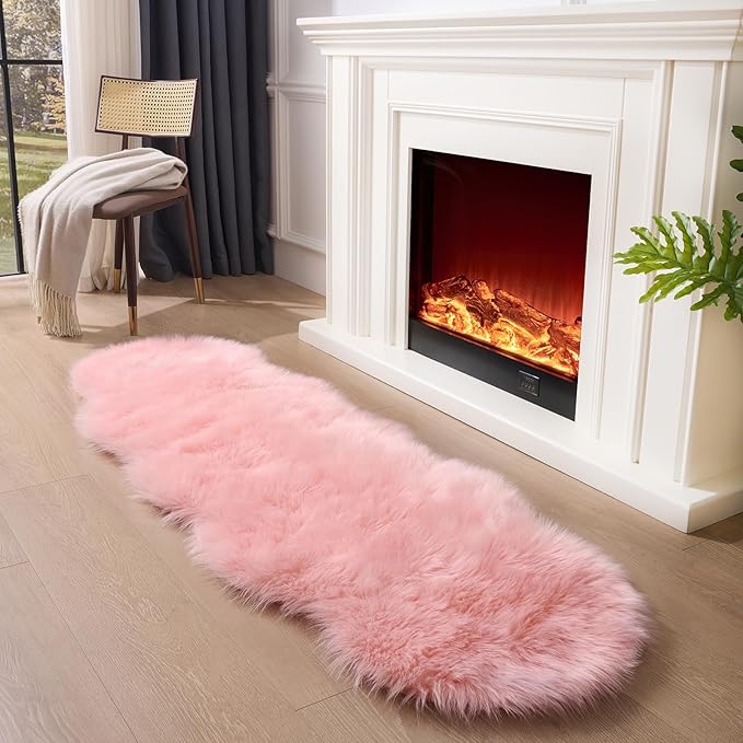 Faux Fur Rug Runner 2x6 ft Pink - Machine Washable Super Soft Plush Shaggy Fluffy Area Carpet,Sheepskin Rug Fuzzy Floor Mat for Bedroom, Sofa,Living Room, Bedside, Nursery & Kids Room