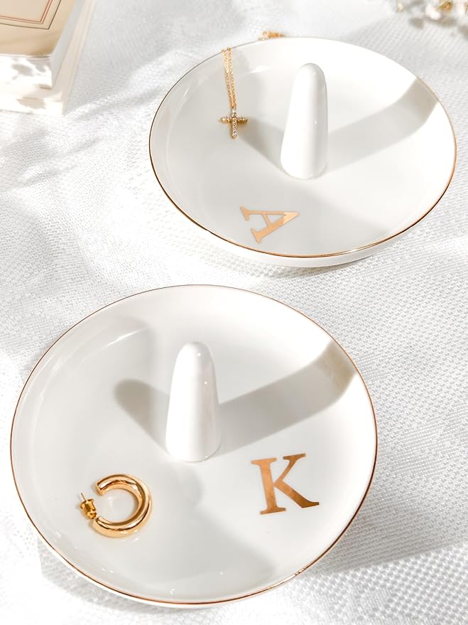 Ceramic Initials Jewelry Tray Ring Dish With Personalized J-Monogrammed Engagement Wedding Gifts, for Birthday Mother's Day for Women, Ceramic White 4.7" x2.4"