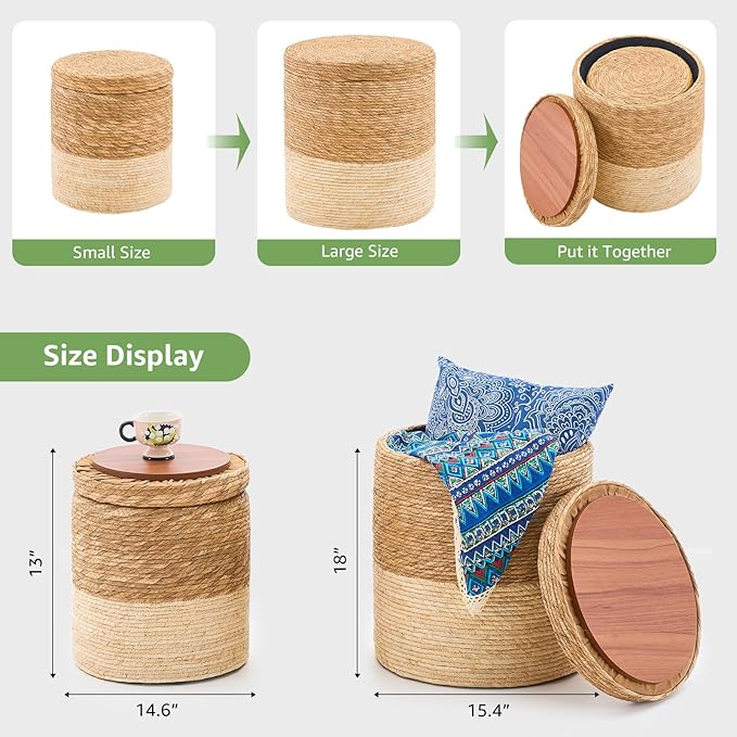 Wimarsbon Round Pouf Ottomans, Handwoven Natural Water Hyacinth Seagrass Pouffe,Outdoor Rattan Stool Accent Seat, Bohemian Coastal Home Decor (Cattail Nested Set-White)