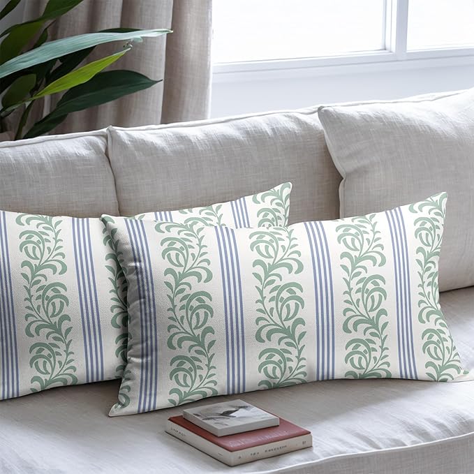 Blue Green Floral Lumbar Pillow Covers 12x20 Set of 2 Spring Vitage Flower Striped Pattern Rustic Decorative Outdoor Farmhouse Boho Pillowcases Decorations Throw Cushion Cover Decor for Couch Sofa Bed