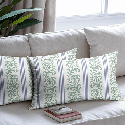 Blue Green Floral Lumbar Pillow Covers 12x20 Set of 2 Spring Vitage Flower Striped Pattern Rustic Decorative Outdoor Farmhouse Boho Pillowcases Decorations Throw Cushion Cover Decor for Couch Sofa Bed