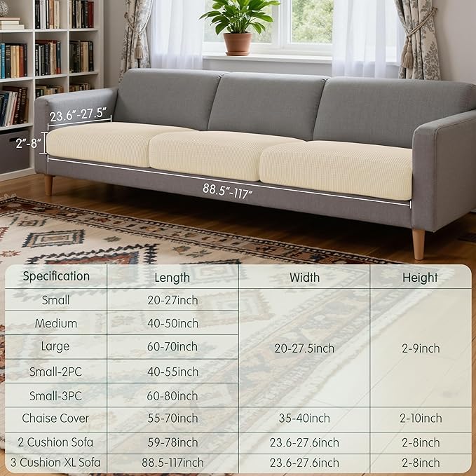 CHUN YI 3 Piece Couch Cushion Covers for XL-Sofa Seat Slipcovers Suitable with Spandex Jacquard Washable Fabric (3 Piece XL-Sofa Cushion Covers, Ivory)