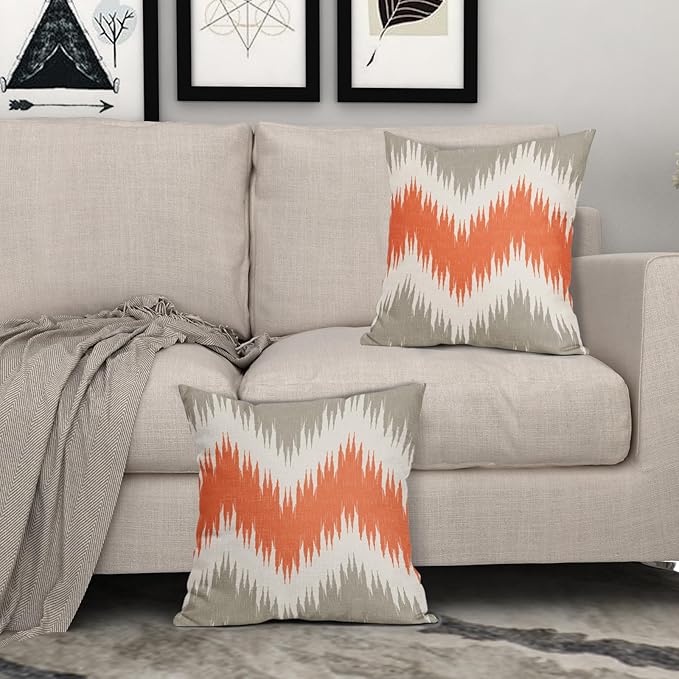 Fall Orange Grey Pillow Covers 22x22 Set of 2 Abstract Chevron Striped Vitage Decorative Throw Pillows Outdoor Linen Rustic Farmhouse Pillowcase with Zipper Cushion Cover Decor for Home Sofa Couch Bed