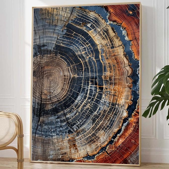 IBHJSART Framed Tree Ring Canvas Wall Art Vintage Colorful Wood Stump Painting Prints Modern Minimalist Pictures Neutral Nature Rustic Farmhouse Decor Living Room Bedroom Bathroom Office