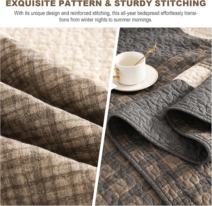 Oversized Quilt Bedspread 120"x120", 100% Cotton Patchwork King Bedspreads Coverlet Set with Pillow Cases, Lightweight Quilted Farmhouse Bedding Cover, 3 Piece, Brown/Beige/Gray