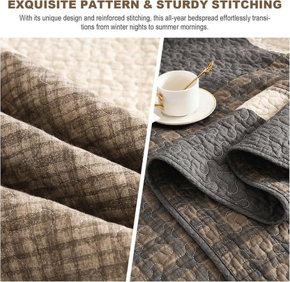 Oversized Quilt Bedspread 120"x120", 100% Cotton Patchwork King Bedspreads Coverlet Set with Pillow Cases, Lightweight Quilted Farmhouse Bedding Cover, 3 Piece, Brown/Beige/Gray