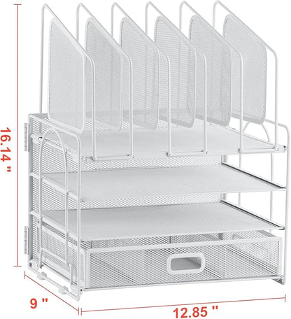 Marbrasse Desk Organizers, 4-Tier Mesh Desk File Organizer with 5 Vertical File Holders and 2 Pen Holders, Multifunction Desktop Organizer,Desk Organizers and Accessories for Home Office (White)