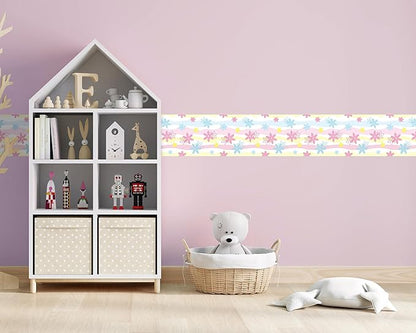 FLFK Wallpaper Border, Rainbow Flowers Peel and Stick Wall Border Self Adhesive Wall Paper Borders for Bedroom Living Room Girl's Room Kitchen Bathroom 8"x240"