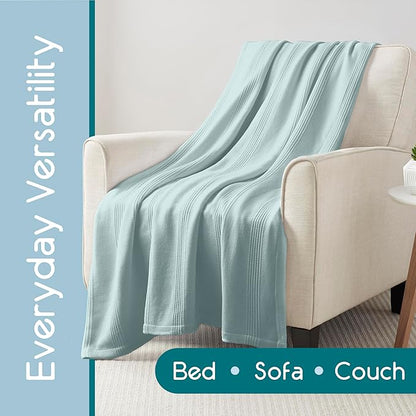 100% Cotton Twin Size Blanket | Super Soft Breathable Lightweight Throw | All-Season Knit Blanket | Luxury Hotel Style | Easy Care | Oeko-Tex Certified | Light Blue
