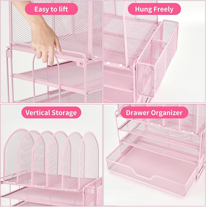 Desk Organizers and Accessories with Drawer, File Organizer with 5 Vertical File Holders and Pen Holders, Office Desk Accessories Workspace Desktop Organizers for Office Supplies (Pink)