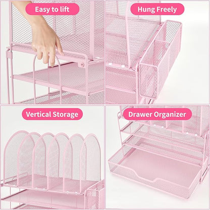Desk Organizers and Accessories with Drawer, File Organizer with 5 Vertical File Holders and Pen Holders, Office Desk Accessories Workspace Desktop Organizers for Office Supplies (Pink)