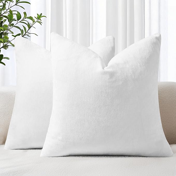 decorUhome Chenille White Spring Throw Pillow Covers 18x18 Inch Set of 2, Decorative Soft Couch Pillow Covers Solid Dyed Accent Farmhouse Neutral Square Pillow Cases for Sofa