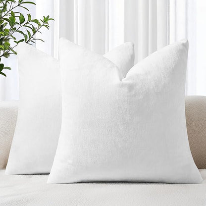 decorUhome Chenille White Spring Throw Pillow Covers 16x16 Inch Set of 2, Decorative Soft Couch Pillow Covers Solid Dyed Accent Farmhouse Neutral Square Pillow Cases for Sofa