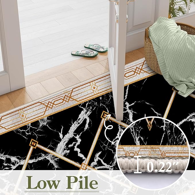 Abstract Marble Texture Throw Carpet Runner for Entrance, 3.3x7ft, Luxury Gold Geometric Line Bedroom Rug, Dirty Resistant Absorbent Bathroom Decor Washable Area Carpet for Office