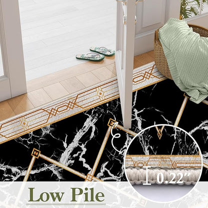 Abstract Marble Texture Throw Carpet Runner for Entrance, 3.3x7ft, Luxury Gold Geometric Line Bedroom Rug, Dirty Resistant Absorbent Bathroom Decor Washable Area Carpet for Office