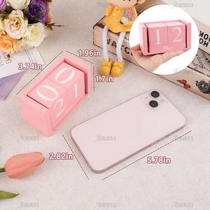 AUEAR, Wooden Block Perpetual Desk Calendar Desktop Cube Rustic Chic Number for Home Office Decoration (Pink, 1 Pack)