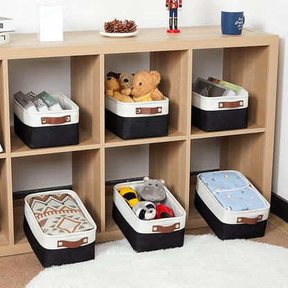HNZIGE Small Storage Baskets (6 Pack) - Fabric Bins with Leather Handles, Foldable for Organizing (Black&White, 11.8" x 7.8" x 5.1")