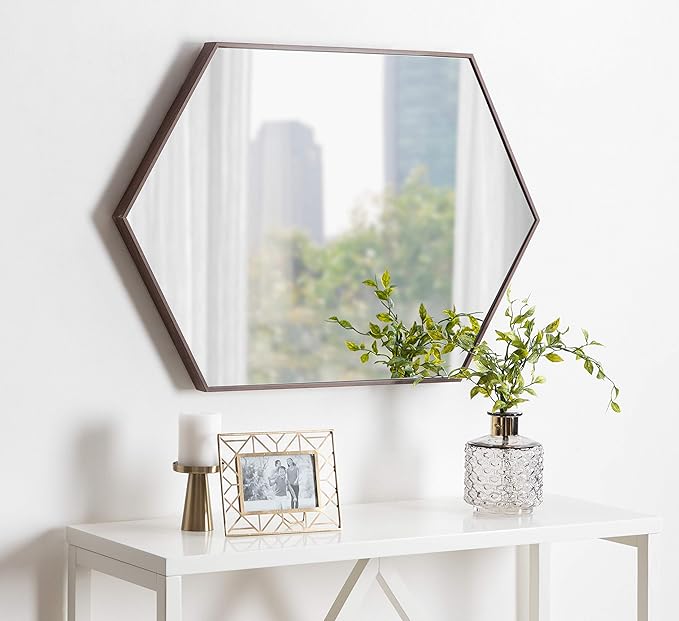 Kate and Laurel Rhodes Hexagon Wall Mirror, 24.75 x 36.75-Inches, Walnut Brown