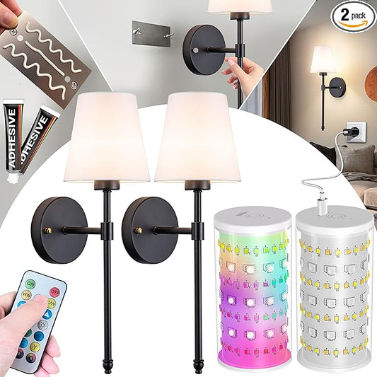 Battery Operated Wall Sconce: Peel and Stick Adhesives Stick On Non Drill Wall Light, Rechargeable Wireless Wall Lamp with Battery Corn Bulb for Bedroom Wall Decor