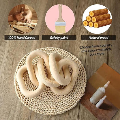 Wood Chain Link Decor, 5-Link Wooden Decorative Chain Ornament, Hand Carved Rustic Farmhouse Home Decor for Living Room, Shelves, Coffee Table (Natural)