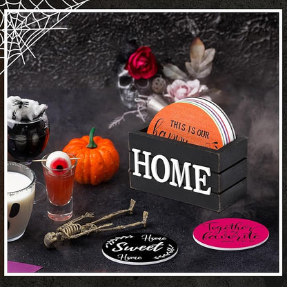 Queekay Coasters Set of 6 House Warming Gifts New Home Wooden Farmhouse Drink Coasters with Holder 4'' Funny Decoration for Kitchen Family Coffee Bar Tabletop Protection(Bright Color)
