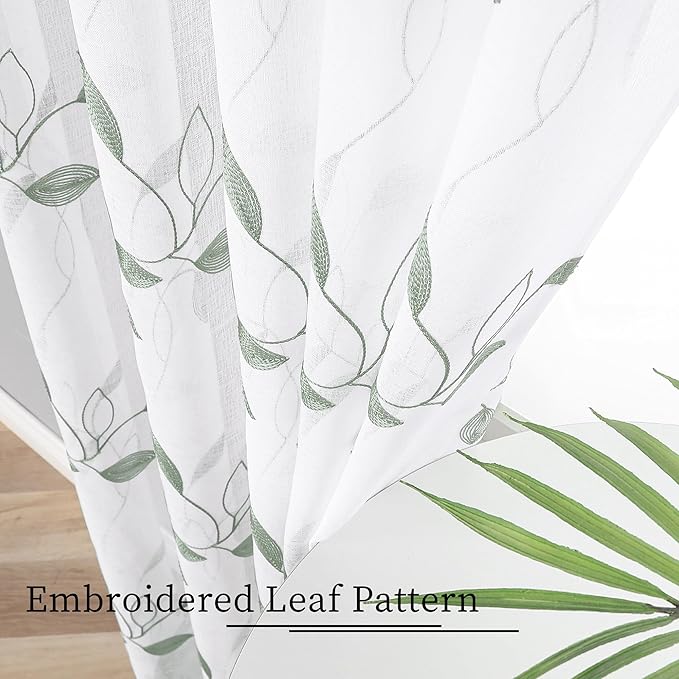 Tollpiz Sage Green Leaf Sheer Curtains Leaves Embroidered Bedroom Curtain Rod Pocket Voile Window Treatment for Living Room, 54 x 84 inches Long, Set of 2 Panels