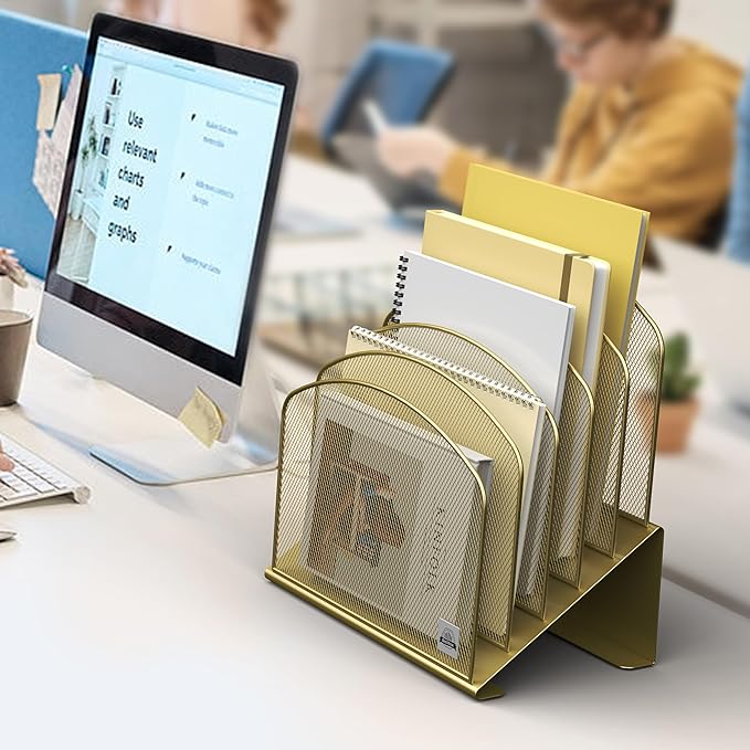 Inclined Desk File Organizer, 5-Section Vertical File Folder Holder Stand Metal Rack File Sorter for Office Classroom Desktop Organization (Gold, 1Pack)