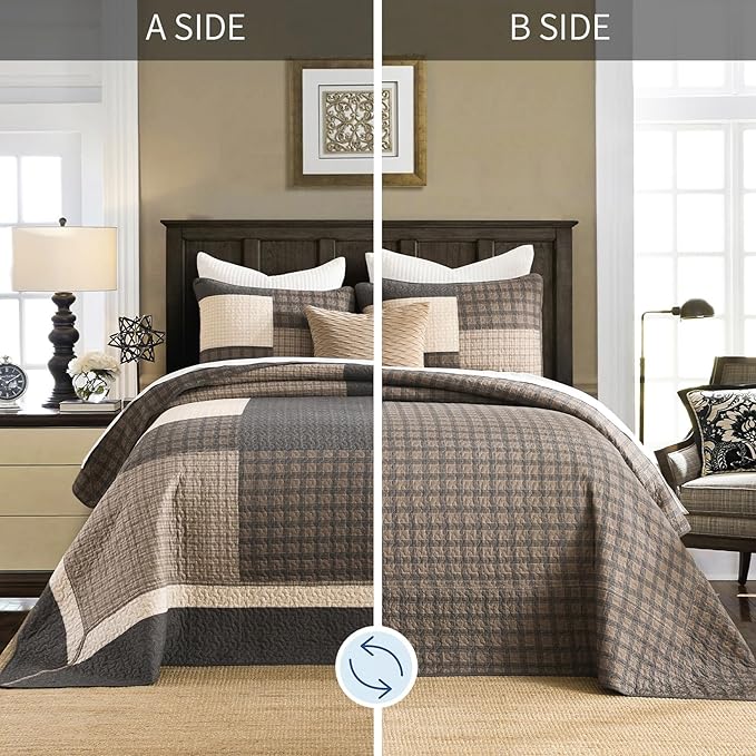 Oversized Quilt Bedspread 128"x120", 100% Cotton Patchwork King Bedspreads Coverlet Set with Pillow Cases, Lightweight Quilted Farmhouse Bedding Cover, 3 Piece, Brown/Beige/Gray