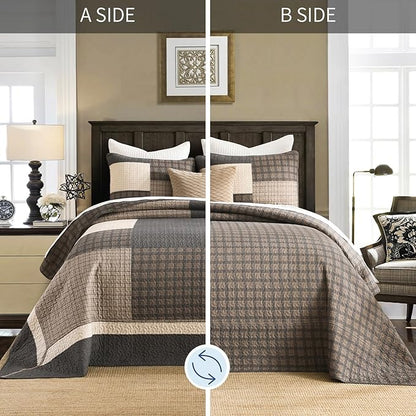 Oversized Quilt Bedspread 128"x120", 100% Cotton Patchwork King Bedspreads Coverlet Set with Pillow Cases, Lightweight Quilted Farmhouse Bedding Cover, 3 Piece, Brown/Beige/Gray