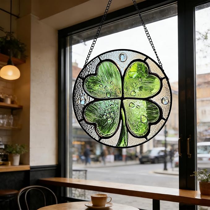 Stained Glass Window Hanging - St. Patrick's Day Green Irish Themed Gifts Sun Catcher Door Home Clover Decor Suncatcher Christmas Mother's Day Birthday Gifts for Women Men Mom Nana 6.3 in