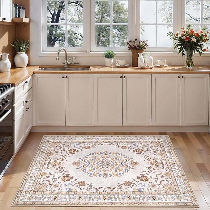 Tangsoo 5x7 Washable Area Rug, Non Slip Boho Neutral Rug for Bedroom Living Room, Vintage Beige Tan Soft Low Pile Floor Indoor Carpet for Bathroom Office Kid & Pets Friendly Home Decor