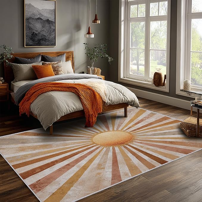 Boho Sun Rug, Large 8x12 Area Rugs Abstract Striped Bohemian Vintage Pattern for Living Room, Bedroom, Boho Sun Home Decor Accessories Indoor Carpet, Non Slip & Machine Washable