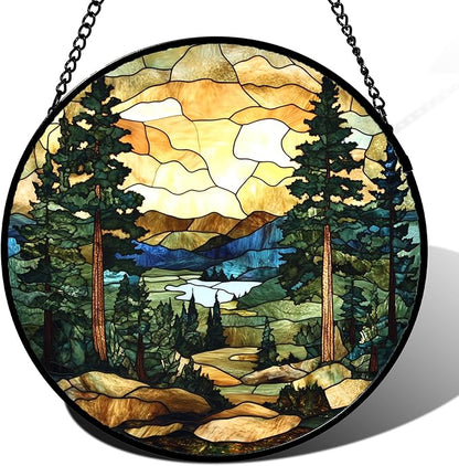Stained Glass Window Hanging Forest Lake Mountain Sunset 6.3" - Suncatcher Door Garden Sunroom Sun Catcher Home Decor Birthday Christmas for Mom Men Woman Nana Friend