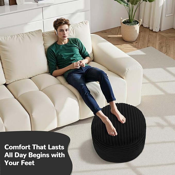 MeMoreCool Stuffed Round Pouf Ottoman Foot Rest, Soft Plush Floor Pouf Foot Stool, Corduray Footstool Footrest, Small Round Ottoman for Living Room Couch Sofa Chair, 20x15 Inch Black