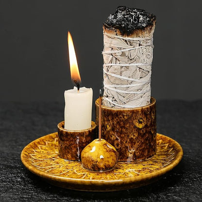 4 in 1 Multifunctional Ceramic Incense and Candle Holder with Ash Catcher Tray Suit for Burning White Sage, Palo Santo Sticks (Tan)