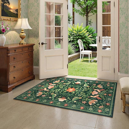Moynesa 3x5 Kitchen Rug, Modern Cottage Washable Non-Slip Low Pile Area Rug for Bedroom Entryway Entrance Aesthetic,Lightweight Foldable Farmhouse Floral Bird Print Pattern Carpet Retro Home Decor