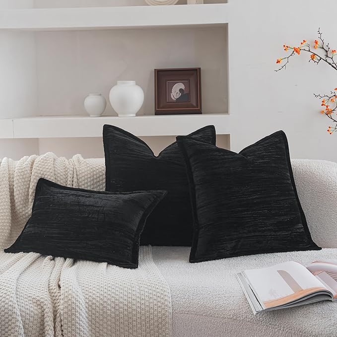 Neelvin Set of 2 Velvet Decorative Throw Pillow Covers 22x22 Inch Black Modern Luxury Cushion Covers Textured Pillow Cases for Living Room Home Decor Couch Sofa