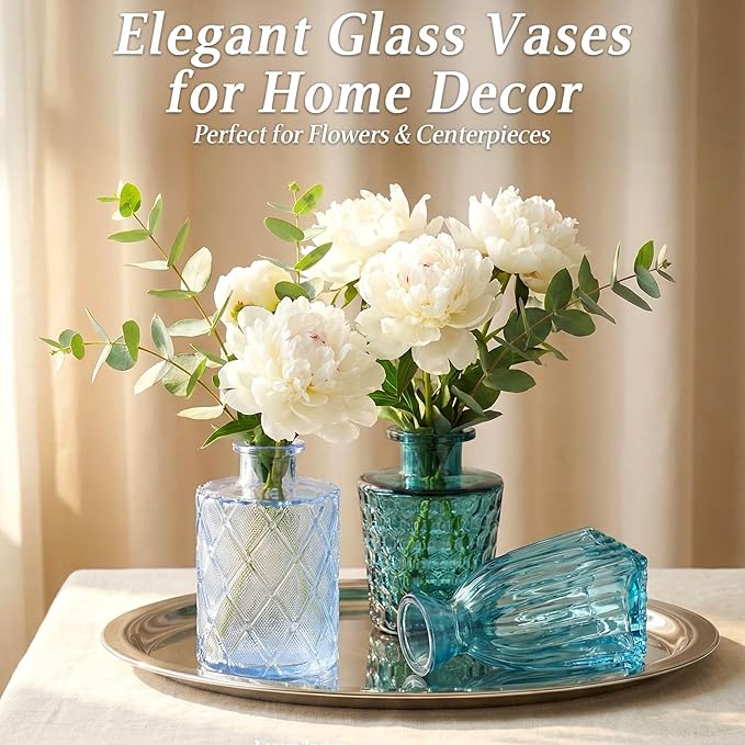 Set of 15 Blue Colored Glass Bud Vases - Small Textured Flower Vases for Centerpieces, Wedding Table Decor, Retro Home Decor Bulk Vase Set for DIY, Events & Gifts