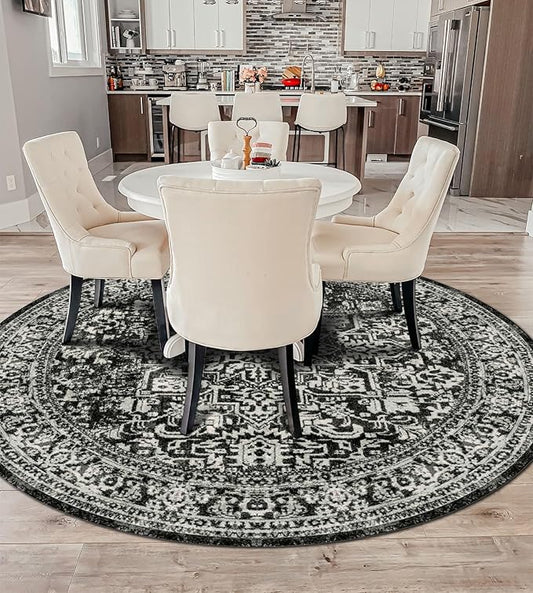 vivorug Round Rug 6ft Vintage-Inspired Round Area Rug Non-Slip Indoor Carpet for Living Room Bedroom Entryway, Stain Resistant Home Decor Circle Rug, Black and White
