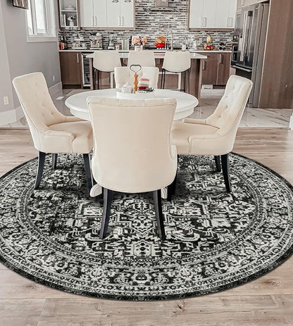 vivorug Round Rug 4ft Vintage-Inspired Round Area Rug Non-Slip Indoor Carpet for Living Room Bedroom Entryway, Stain Resistant Home Decor Circle Rug, Black and White