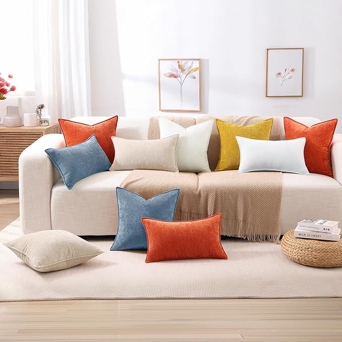 decorUhome Spring Couch Throw Pillow Covers 18x18 Set of 2, Decorative Soft Velvet Neutral Chenille Pillow Covers with Elegant Design for Sofa Bed Living Room Home Decor, Blue Grey