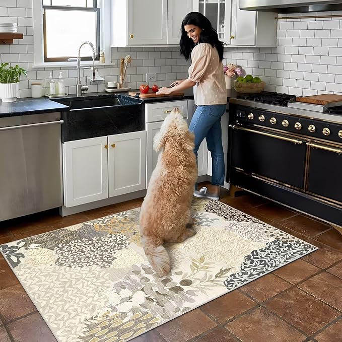 DEXDE Washable Area Rug 3x5 for Living Room, Abstract Small Boho Rugs Non Slip Soft Kids Room,Vintage Leaves Floral Carpet for Bedroom Entryway Kitchen Office Dining Room, Gray