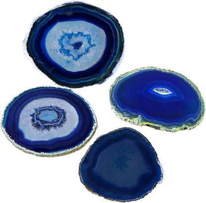 AMOYSTONE Blue Agate Coasters Set of 4, 3.5-4 Inch Polished Gemstone Coasters with Rubber Bumpers, Elegant Wedding Gift for Couples, Home Bar Decor