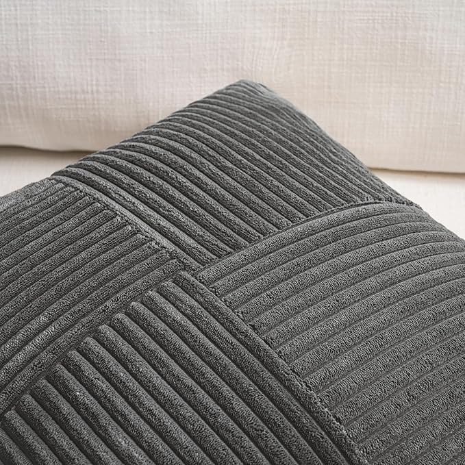 Fancy Homi 2 Packs Dark Gray Lumbar Decorative Throw Pillow Covers 16x28 Inch for Living Room Couch Bed Sofa, Farmhouse Home Decor, Soft Striped Corduroy Rectangle Accent Cushion Case 40x70 cm