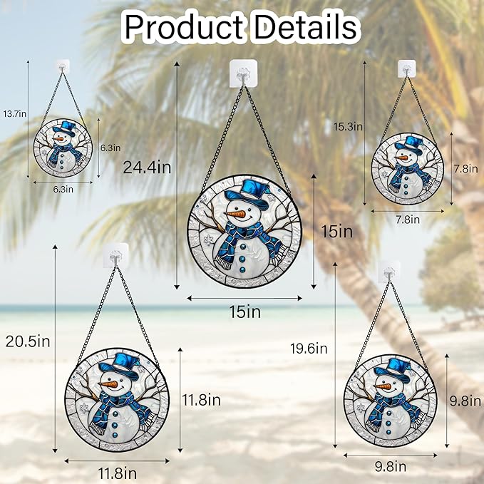 Stained Glass Window Hanging Christmas Snowman Blue White Large 11.8" - Suncatcher Door Garden Sun Catcher Home Decor Birthday Mother's Day Xmas Gift for Mom Men Woman Her Nana Parents Girl
