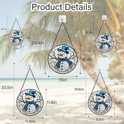 Stained Glass Window Hanging Christmas Snowman Blue White 6.3" - Suncatcher Door Garden Sun Catcher Home Decor Birthday Mother's Day Xmas Gift for Mom Men Woman Her Nana Parents Girl