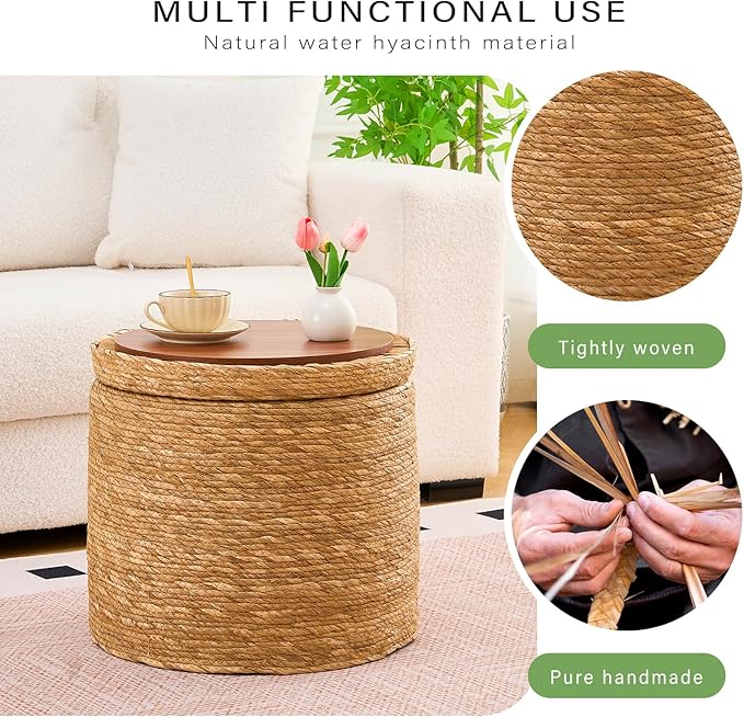 Wimarsbon Round Pouf Ottomans, Handwoven Natural Water Hyacinth Seagrass Pouffe,Outdoor Rattan Stool Accent Seat, Bohemian Coastal Home Decor (Storage - 18inch Natural Cattail)