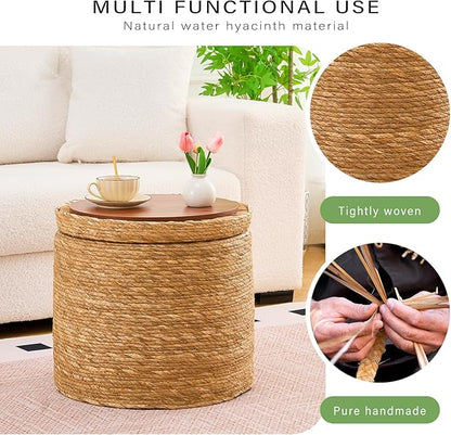 Wimarsbon Round Pouf Ottomans, Handwoven Natural Water Hyacinth Seagrass Pouffe,Outdoor Rattan Stool Accent Seat, Bohemian Coastal Home Decor (Storage - 18inch Natural Cattail)