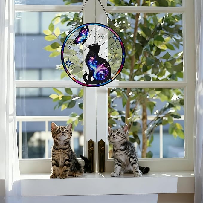 Black Cat Stained Glass Window Hanging, 9.8'' Black Cat & Butterfly with Nebula Design Suncatcher Indoor Outdoor Home Decor for Cats Lovers, Gift for Halloween